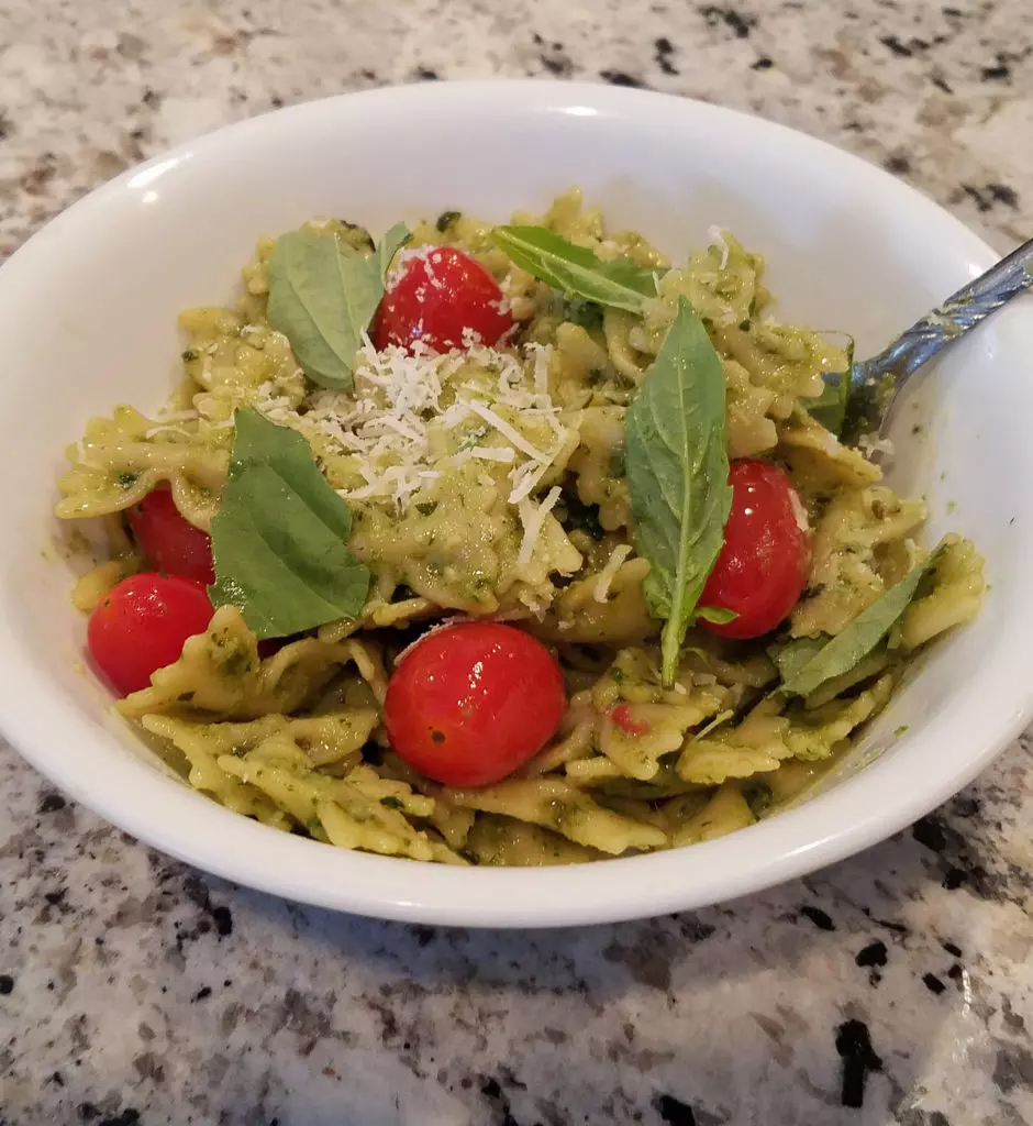 A picture of pesto pasta, prepared by the author