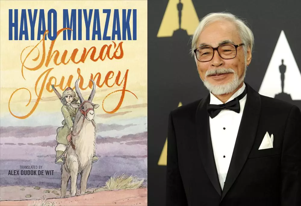 English cover of Hayao Miyazaki graphic novel next to portrait of Miyazaki