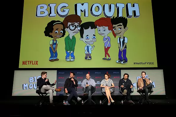 LOS ANGELES, CA - MAY 21: (L-R) Ben Travers, Nick Kroll, Andrew Goldberg, Jessi Klein, Jason Mantzoukas, and John Mulaney speak onstage at the #NETFLIXFYSEE Animation Panel Featuring "Big Mouth" and "BoJack Horseman" at Netflix FYSEE at Raleigh Studios on May 21, 2018 in Los Angeles, California. (Photo by Phillip Faraone/Getty Images)