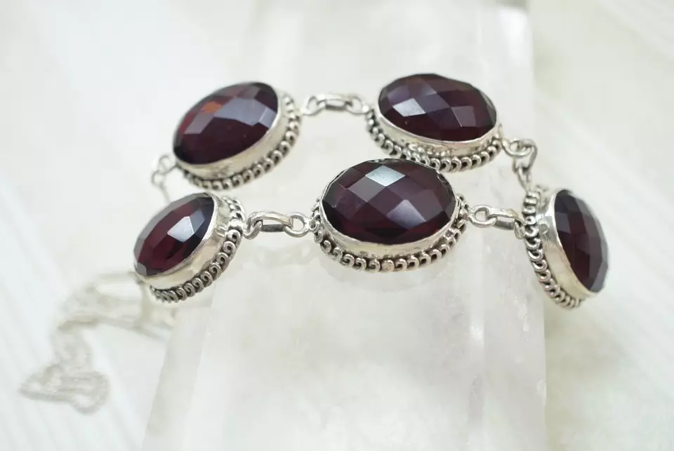 Beautiful garnet jewelry on display