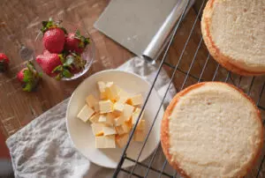 Homemade rice cakes with cubed almond butter
